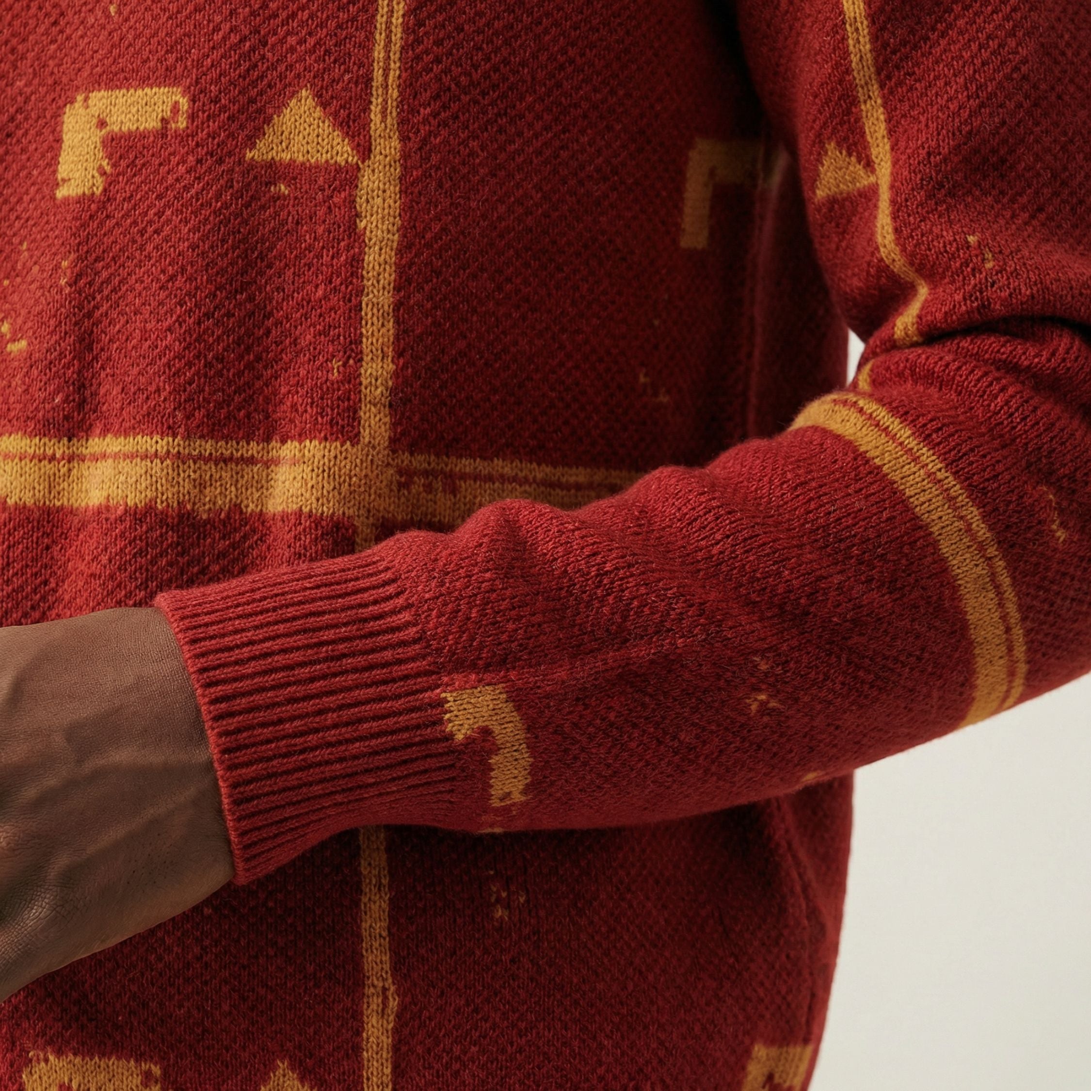 Close up macro shot of a 100% Cashmere red sweater with gold geometric patterns on a neutral background