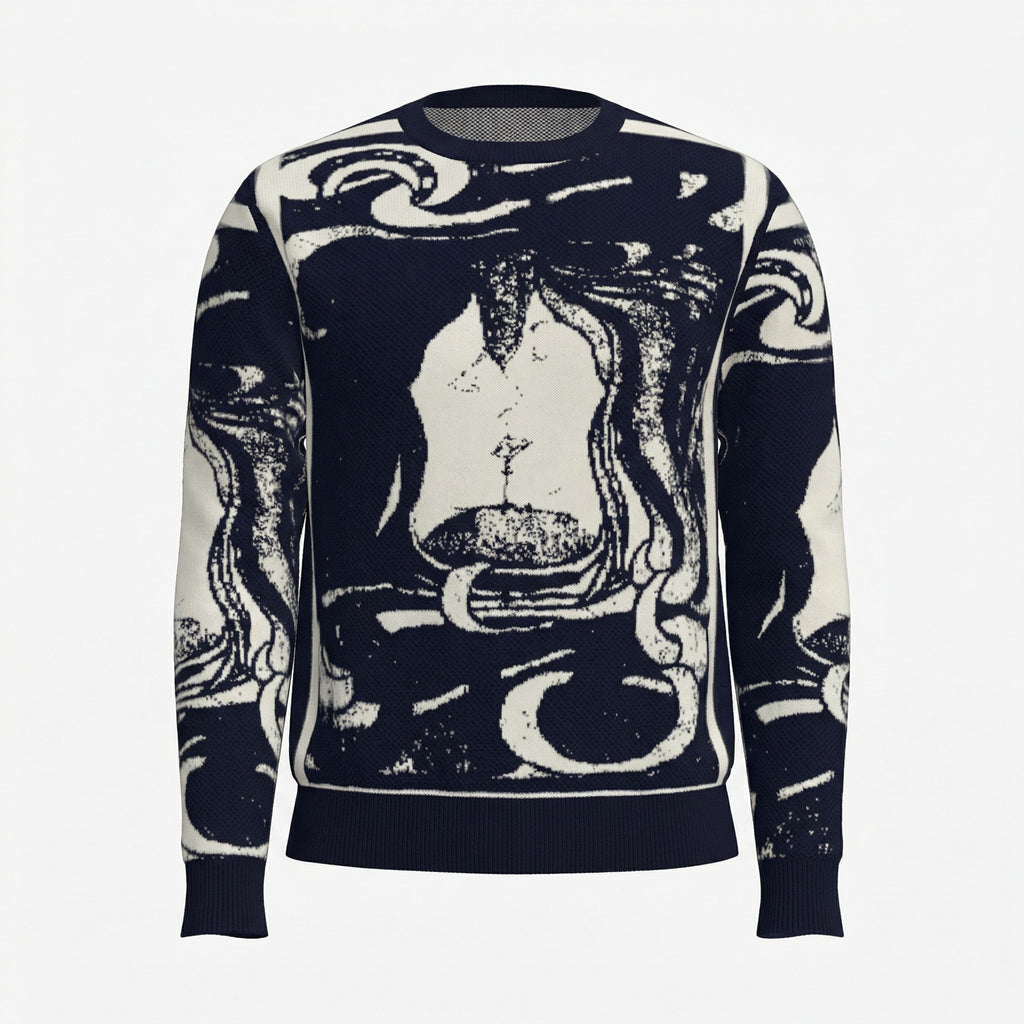 100% cashmere Sweater with abstract design on a white background