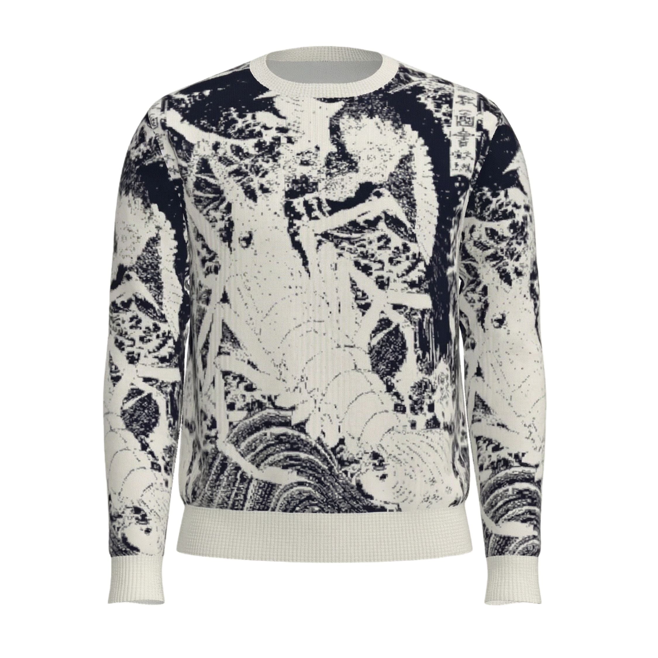 100% cashmere Sweater with a black and white abstract pattern on a white background