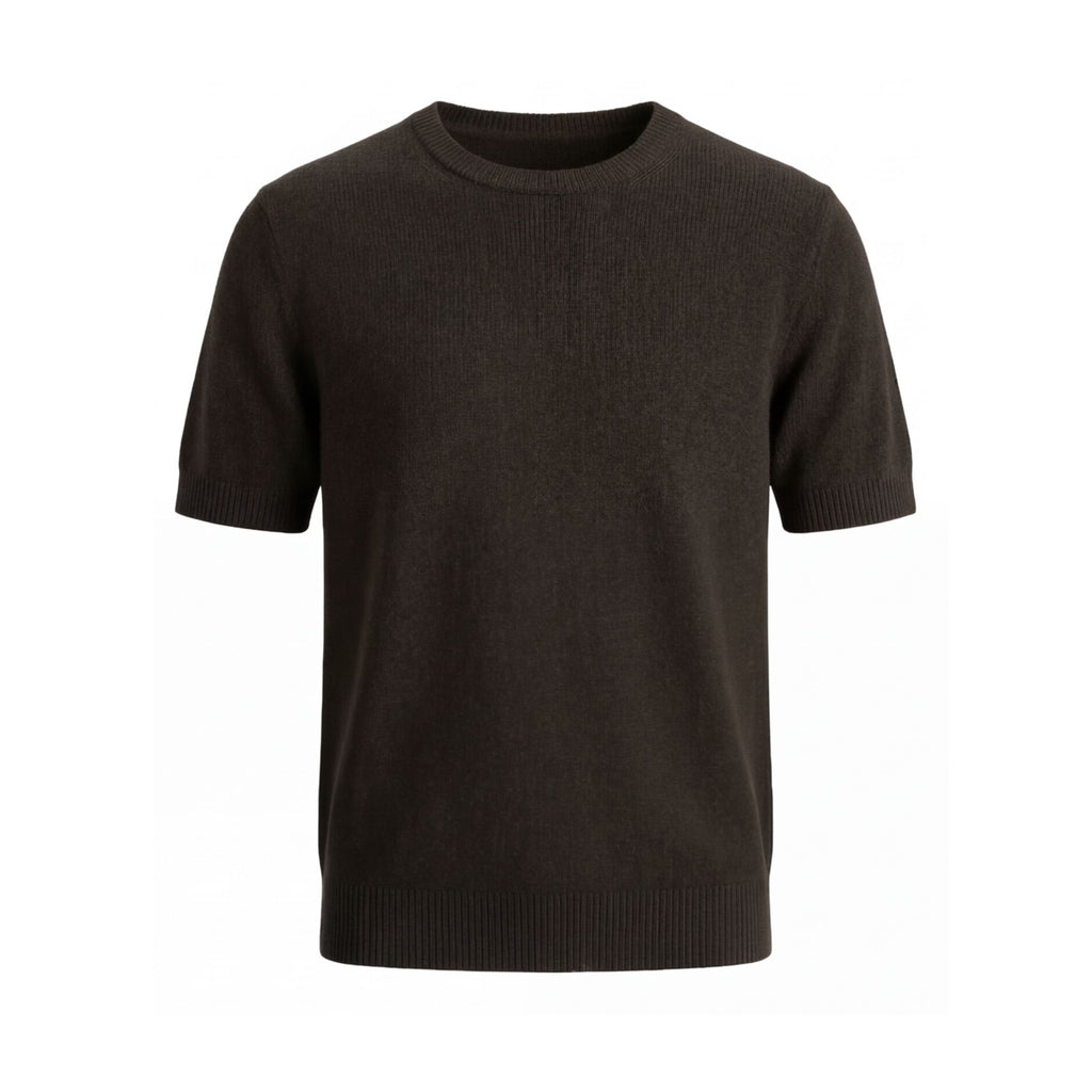 dark green knitted 100% cashmere t-shirt on a white background.