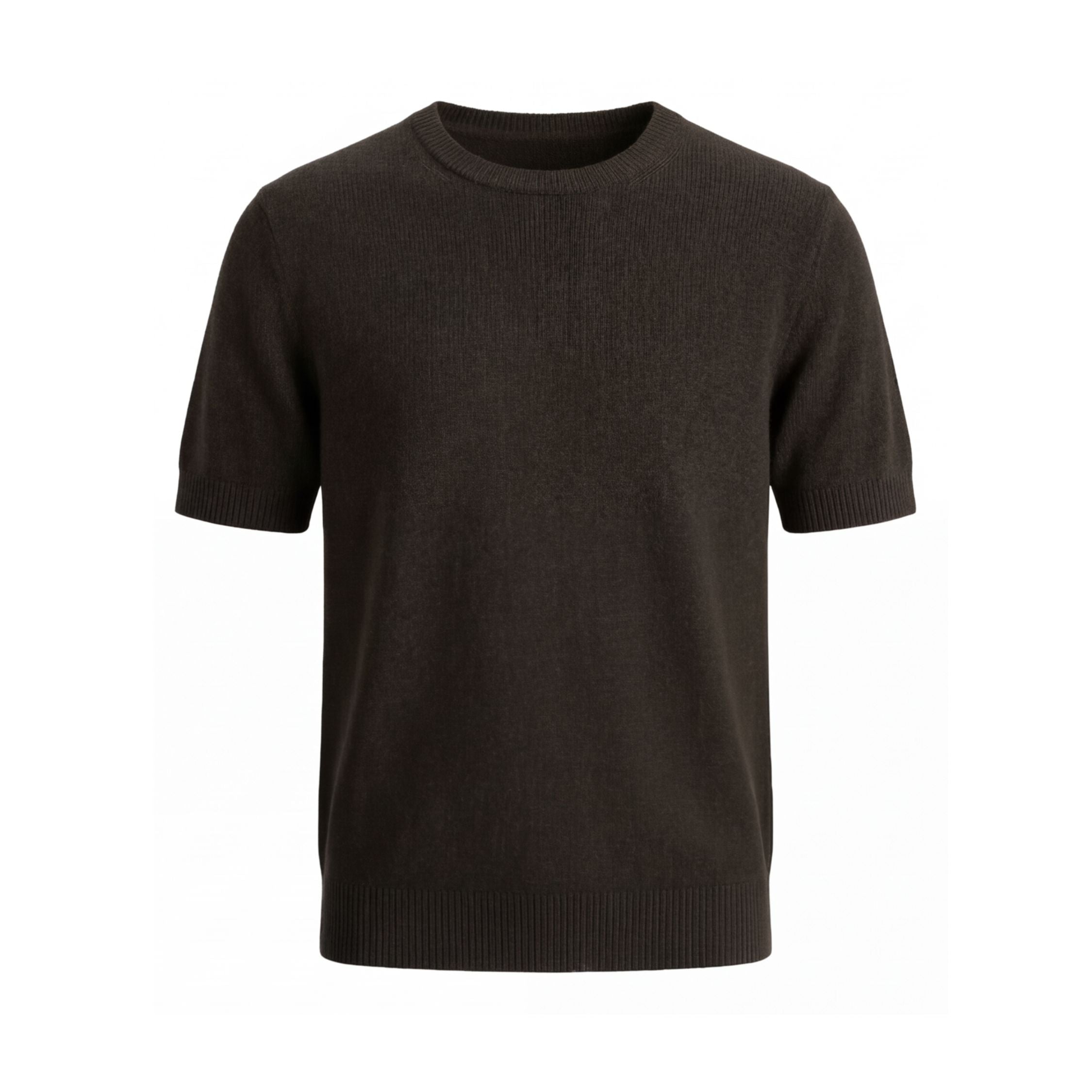 dark green knitted 100% cashmere t-shirt on a white background.