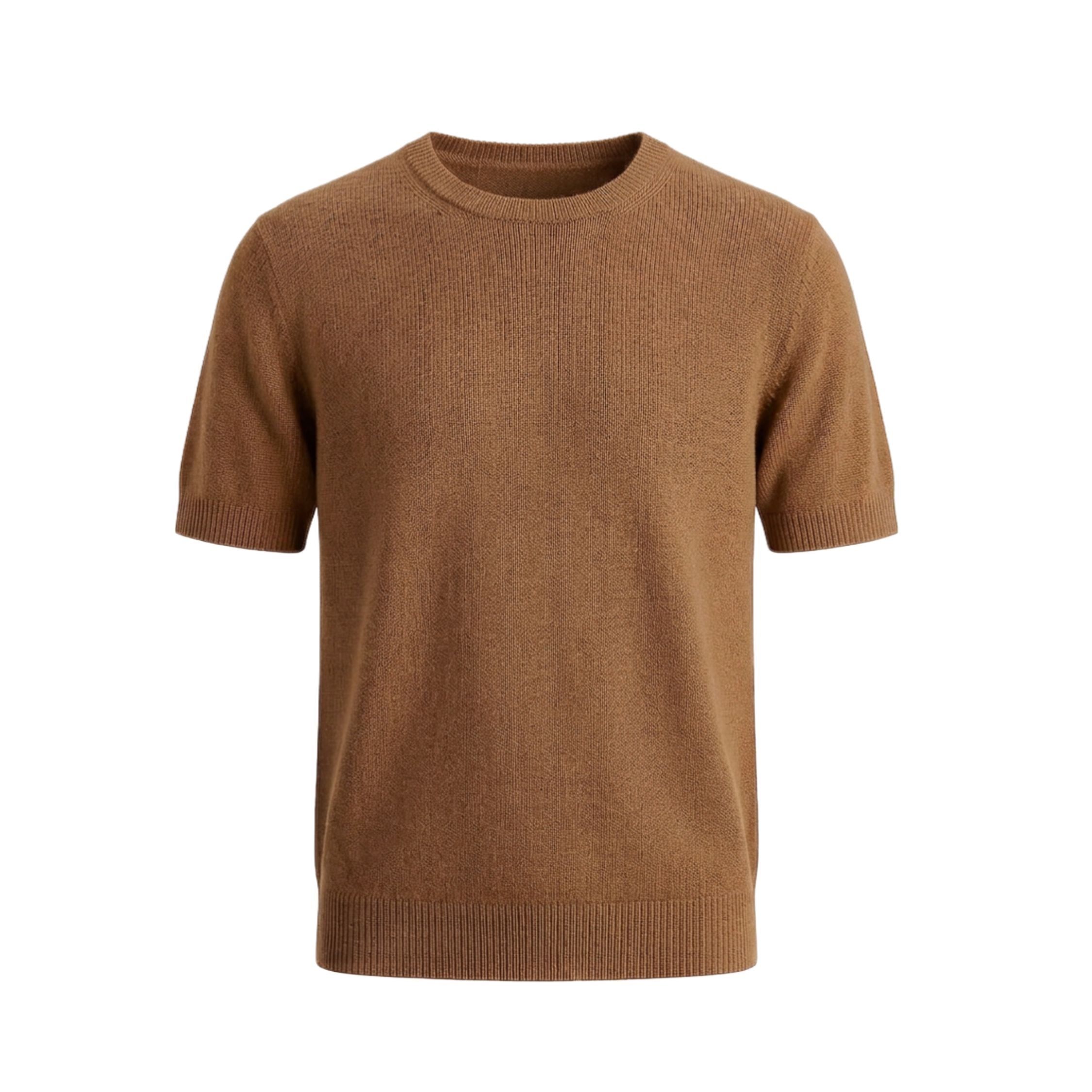 Brown short-sleeve 100% cashmere sweater on a white background. 