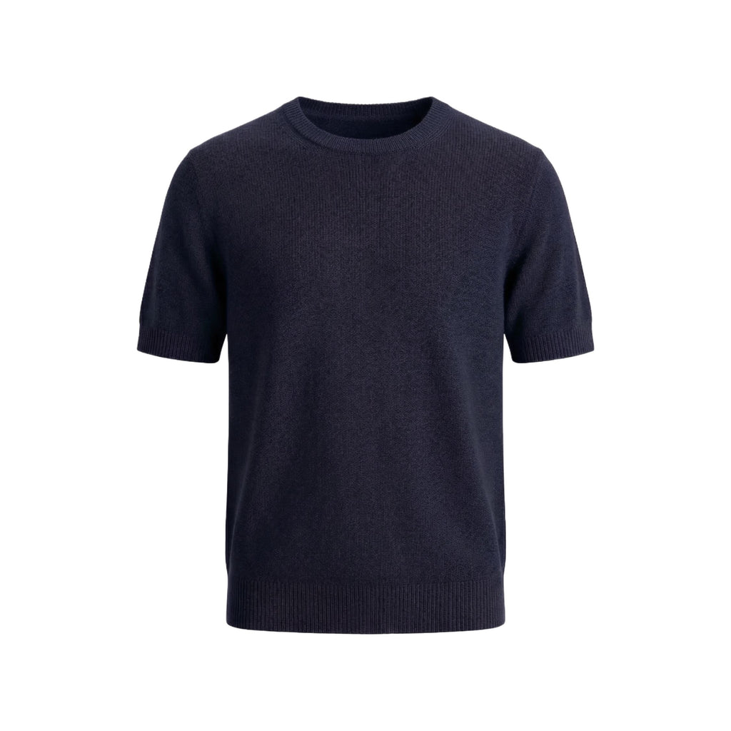 Navy blue short-sleeve 100% Cashmere sweater on a white background.