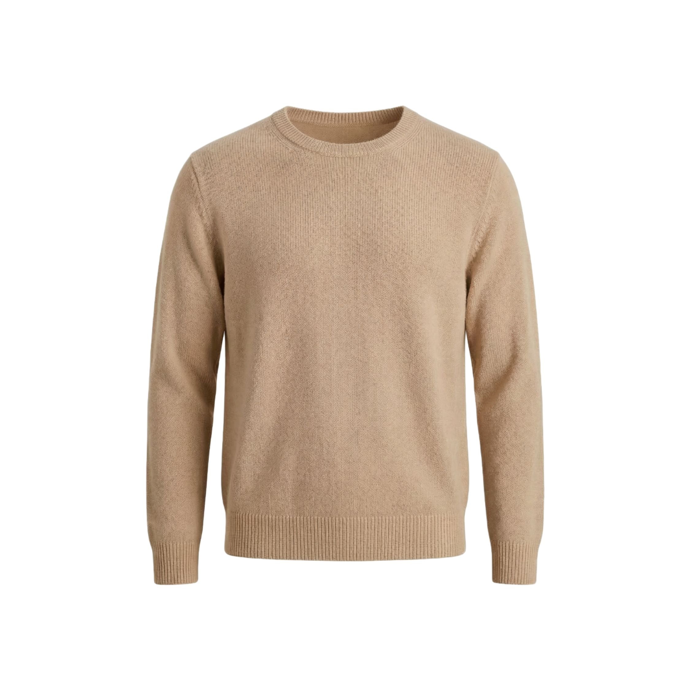Beige 100% cashmere pashmina sweater in a regular fit, featuring a ribbed neck, cuffs, and hem.